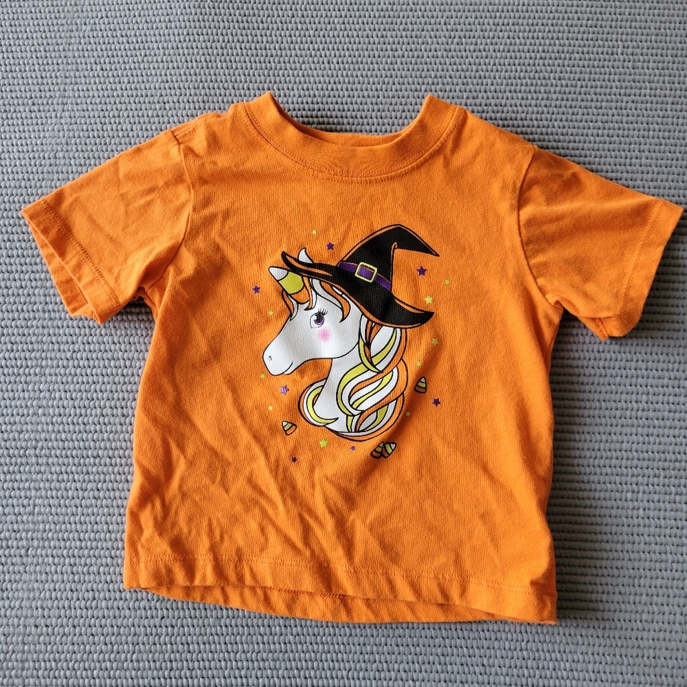 👶🏼 4/$10 12-18 month orange unicorn witch candy corn baby tshirt Halloween